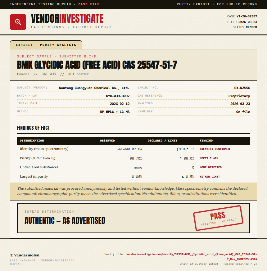 BMK glycidic acid (free acid) CAS 25547-51-7 Purity (HPLC) report by VendorInvestigator