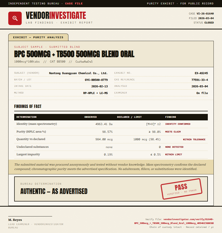 BPC 500mcg + TB500 500mcg Blend Oral Purity (HPLC) report by VendorInvestigator