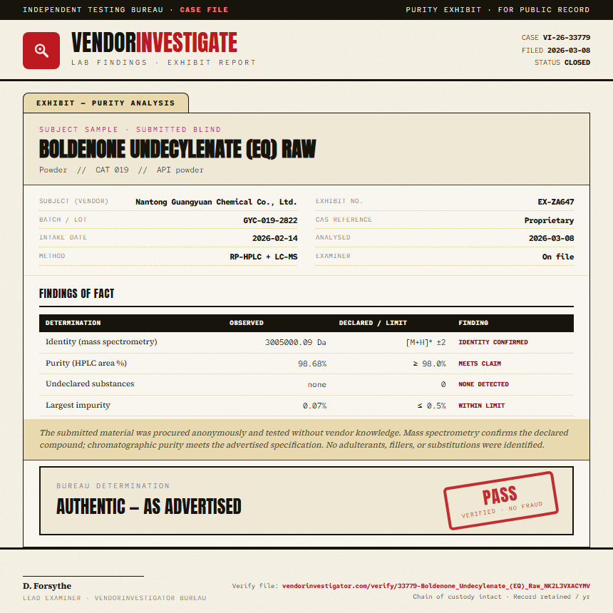 Boldenone Undecylenate (EQ) Raw Purity (HPLC) report by VendorInvestigator