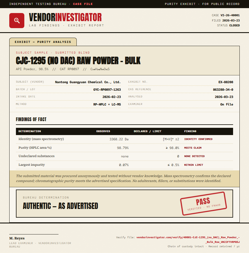 CJC-1295 (no DAC) Raw Powder - Bulk Purity (HPLC) report by VendorInvestigator