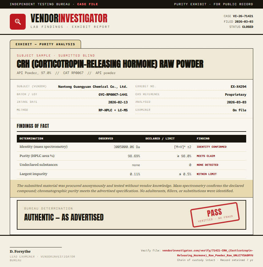 CRH (Corticotropin-Releasing Hormone) Raw Powder Purity (HPLC) report by VendorInvestigator