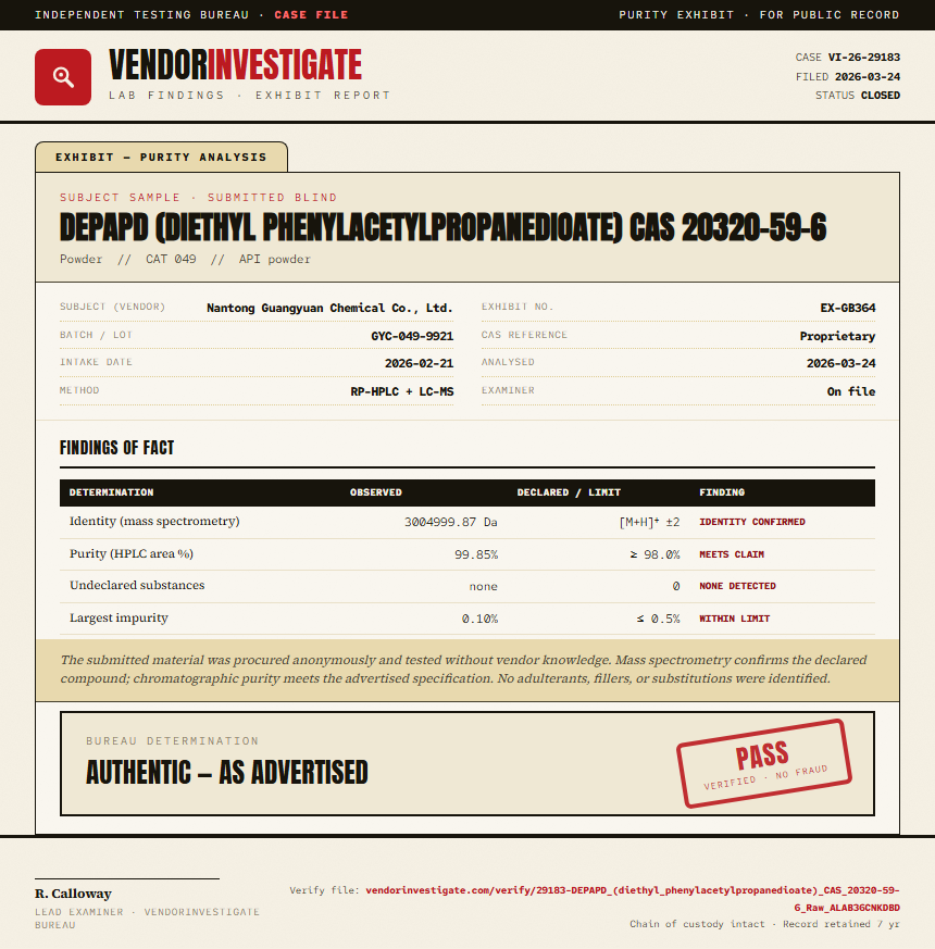 DEPAPD (diethyl phenylacetylpropanedioate) CAS 20320-59-6 Purity (HPLC) report by VendorInvestigator