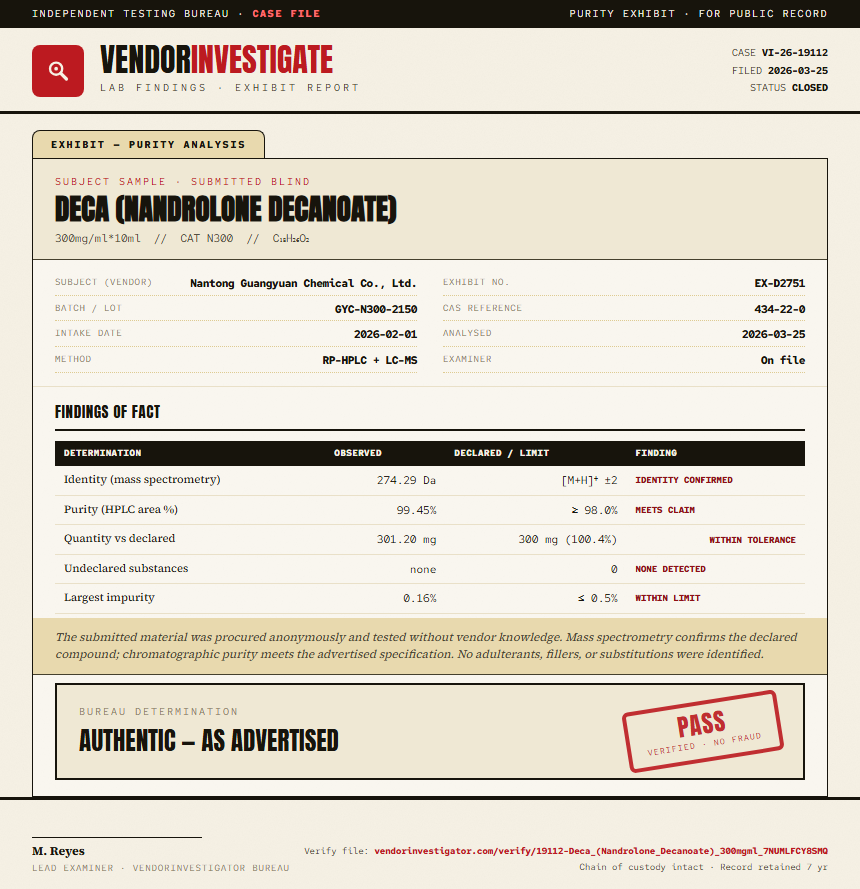 Deca (Nandrolone Decanoate) Purity (HPLC) report by VendorInvestigator
