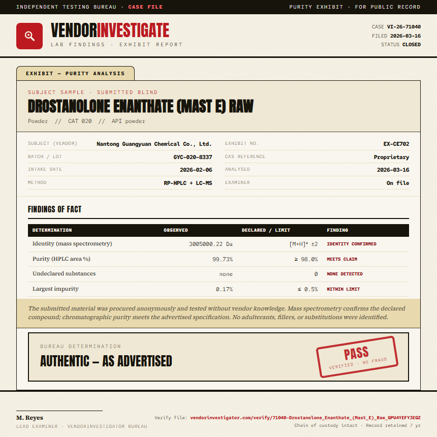 Drostanolone Enanthate (Mast E) Raw Purity (HPLC) report by VendorInvestigator