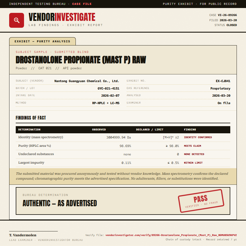 Drostanolone Propionate (Mast P) Raw Purity (HPLC) report by VendorInvestigator