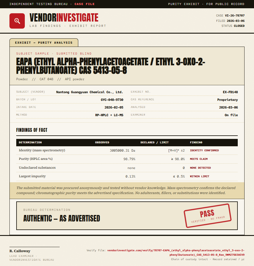 EAPA (ethyl alpha-phenylacetoacetate / ethyl 3-oxo-2-phenylbutanoate) CAS 5413-05-8 Purity (HPLC) report by VendorInvestigator