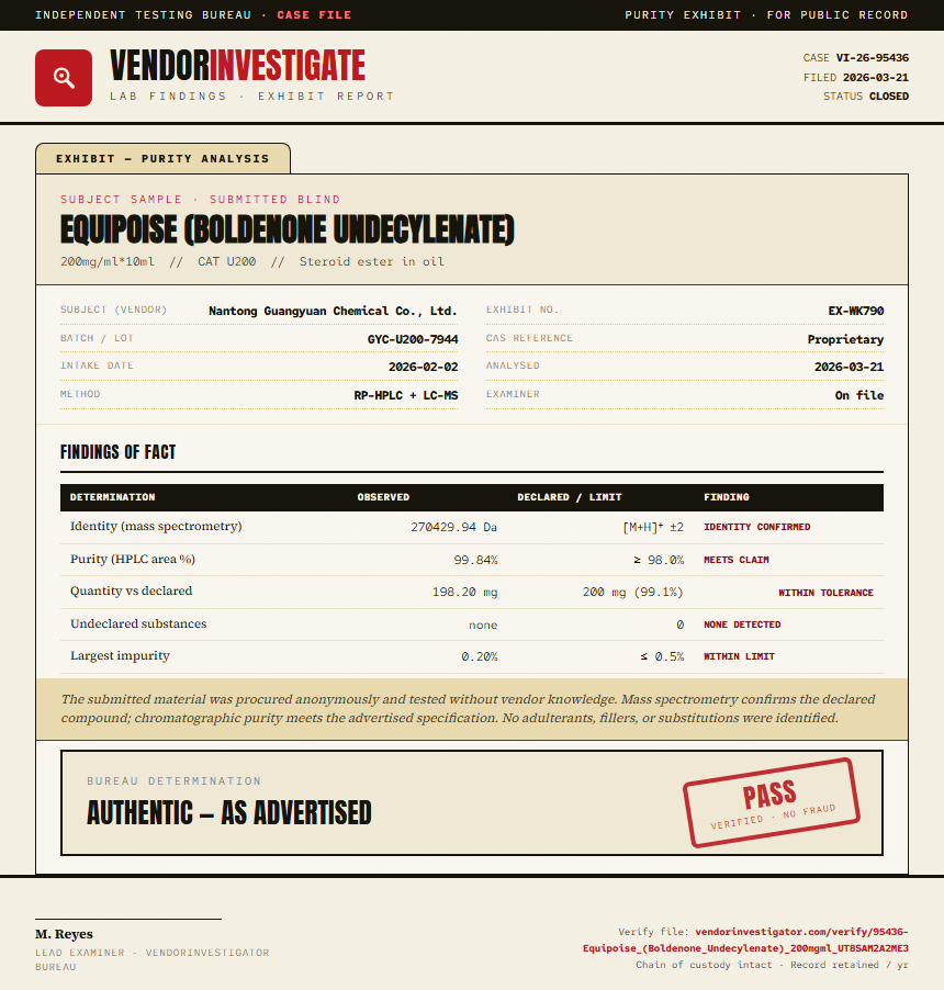 Equipoise (Boldenone Undecylenate) Purity (HPLC) report by VendorInvestigator