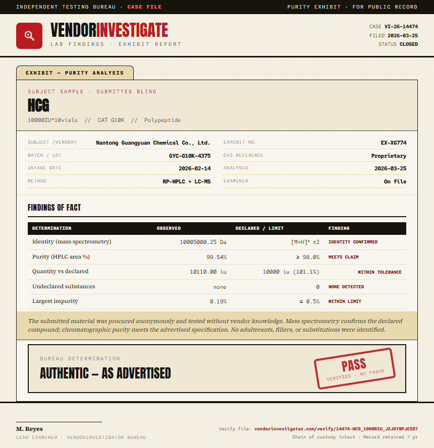 HCG Purity (HPLC) report by VendorInvestigator