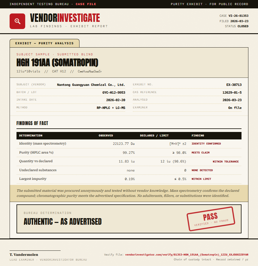 HGH 191AA (Somatropin) Purity (HPLC) report by VendorInvestigator