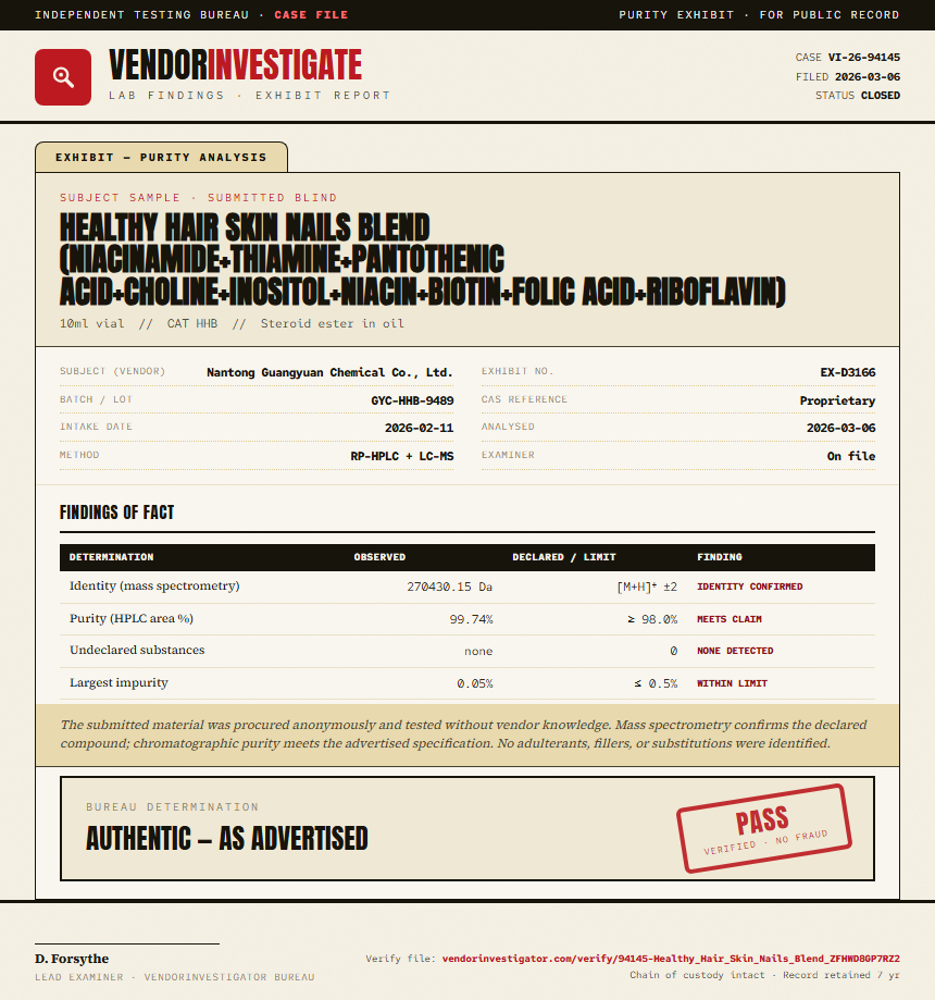 Healthy Hair Skin Nails Blend (Niacinamide+Thiamine+Pantothenic Acid+Choline+Inositol+Niacin+Biotin+Folic Acid+Riboflavin) Purity (HPLC) report by VendorInvestigator