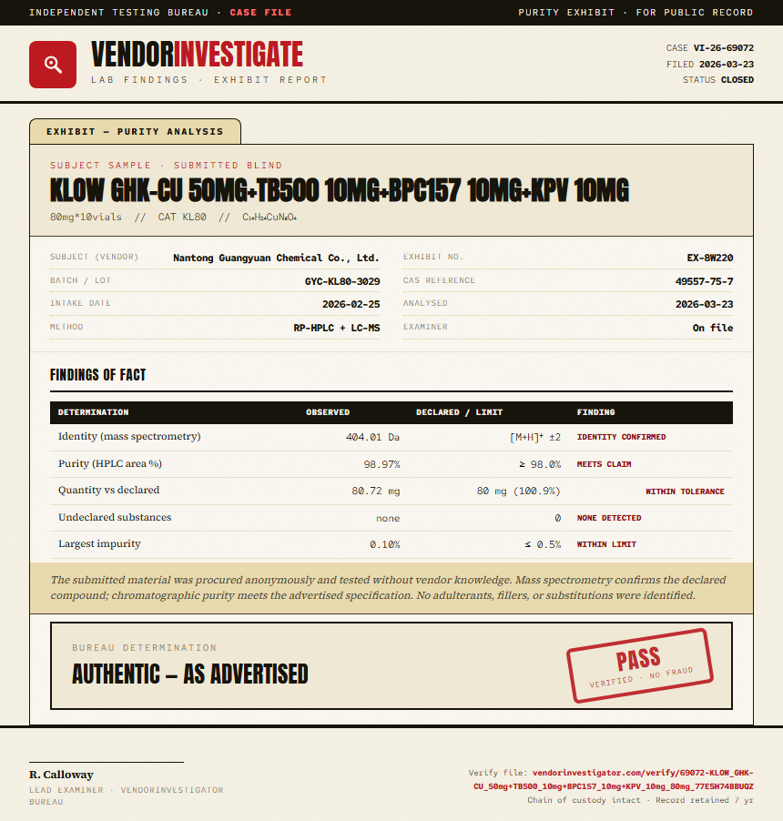 KLOW GHK-CU 50mg+TB500 10mg+BPC157 10mg+KPV 10mg Purity (HPLC) report by VendorInvestigator