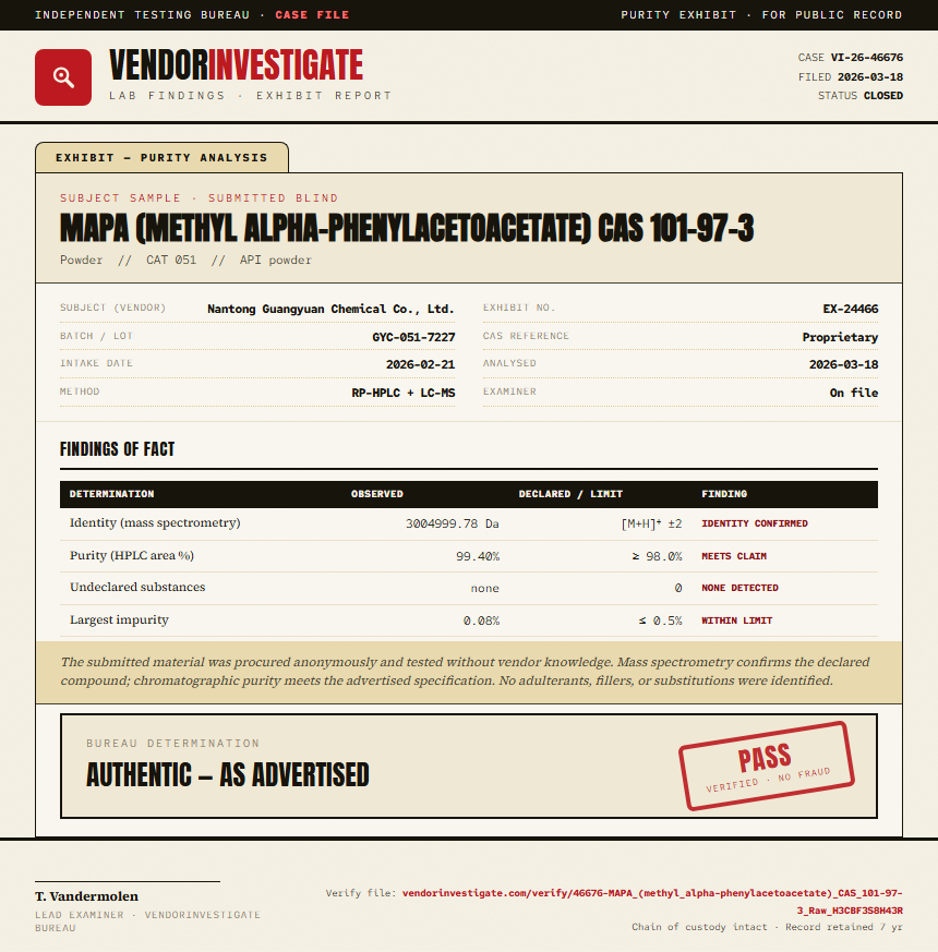 MAPA (methyl alpha-phenylacetoacetate) CAS 101-97-3 Purity (HPLC) report by VendorInvestigator