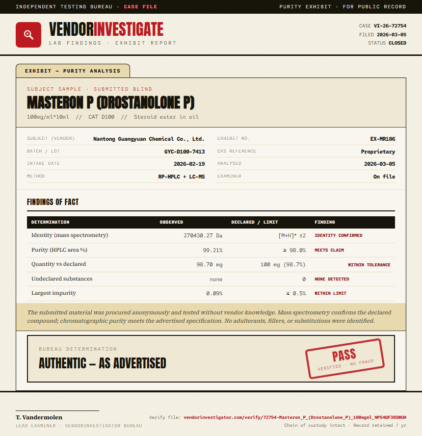 Masteron P (Drostanolone P) Purity (HPLC) report by VendorInvestigator