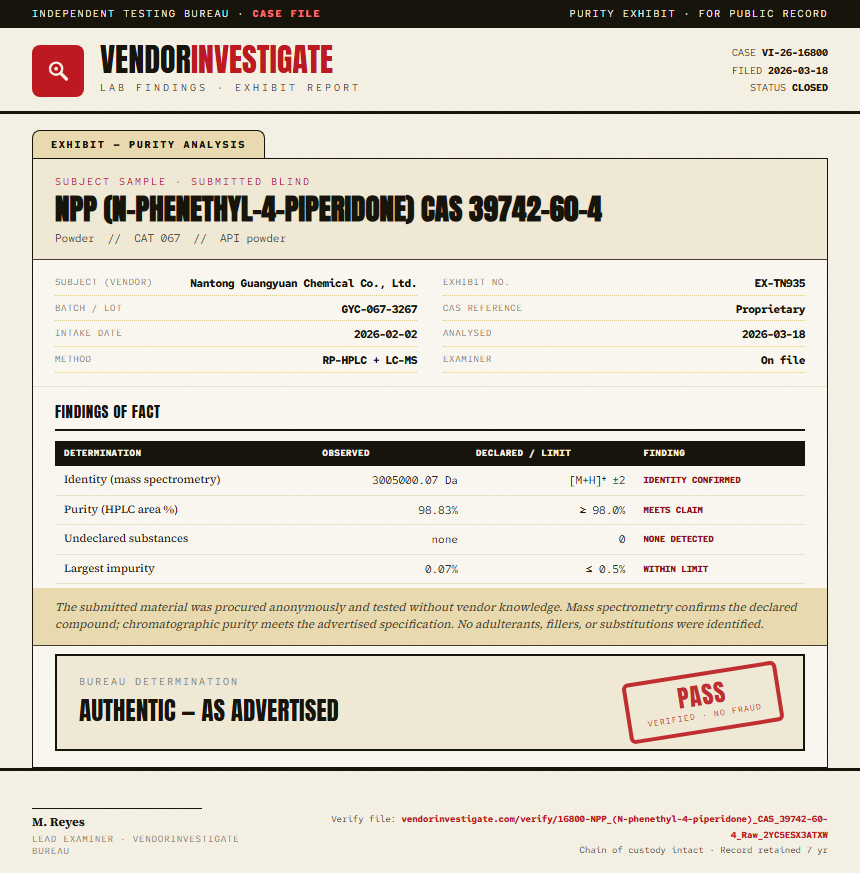 NPP (N-phenethyl-4-piperidone) CAS 39742-60-4 Purity (HPLC) report by VendorInvestigator