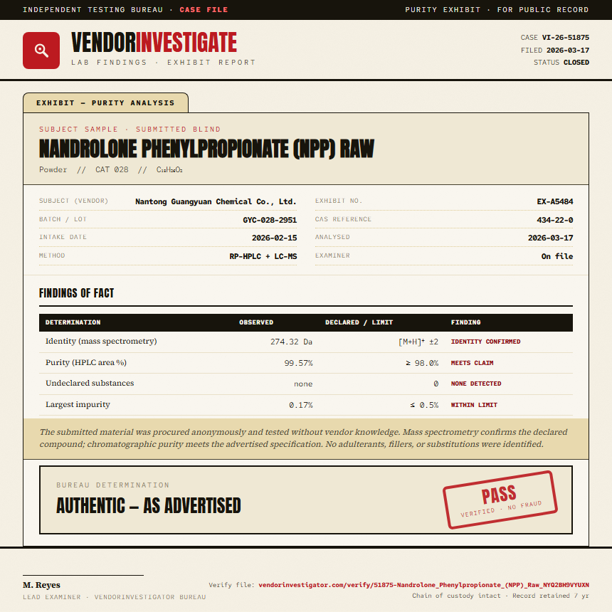 Nandrolone Phenylpropionate (NPP) Raw Purity (HPLC) report by VendorInvestigator