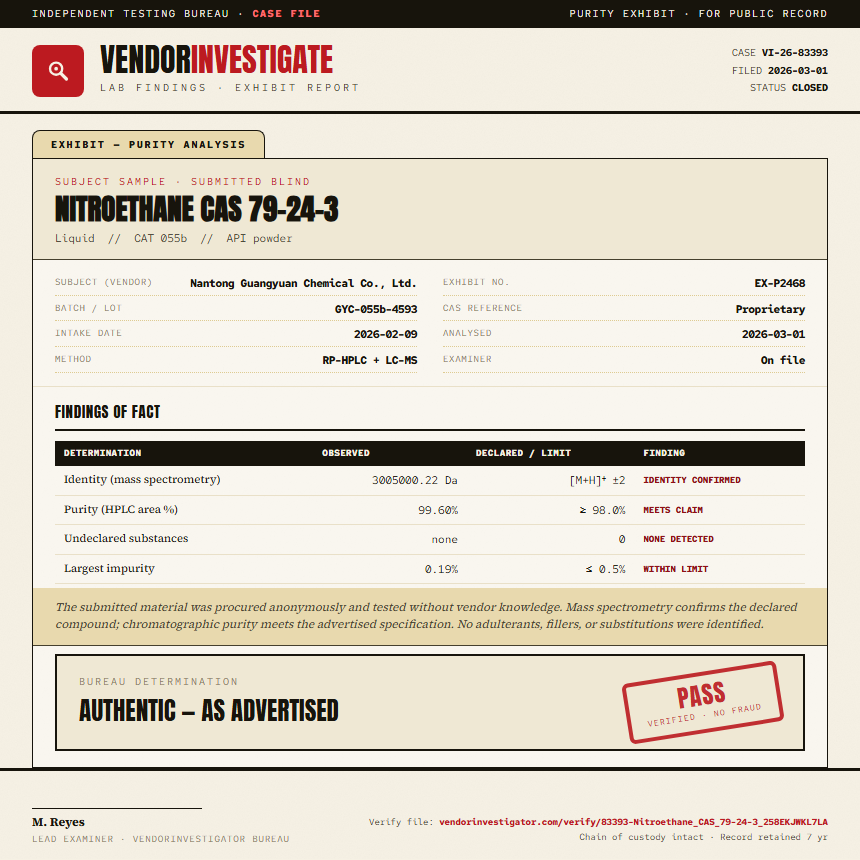 Nitroethane CAS 79-24-3 Purity (HPLC) report by VendorInvestigator