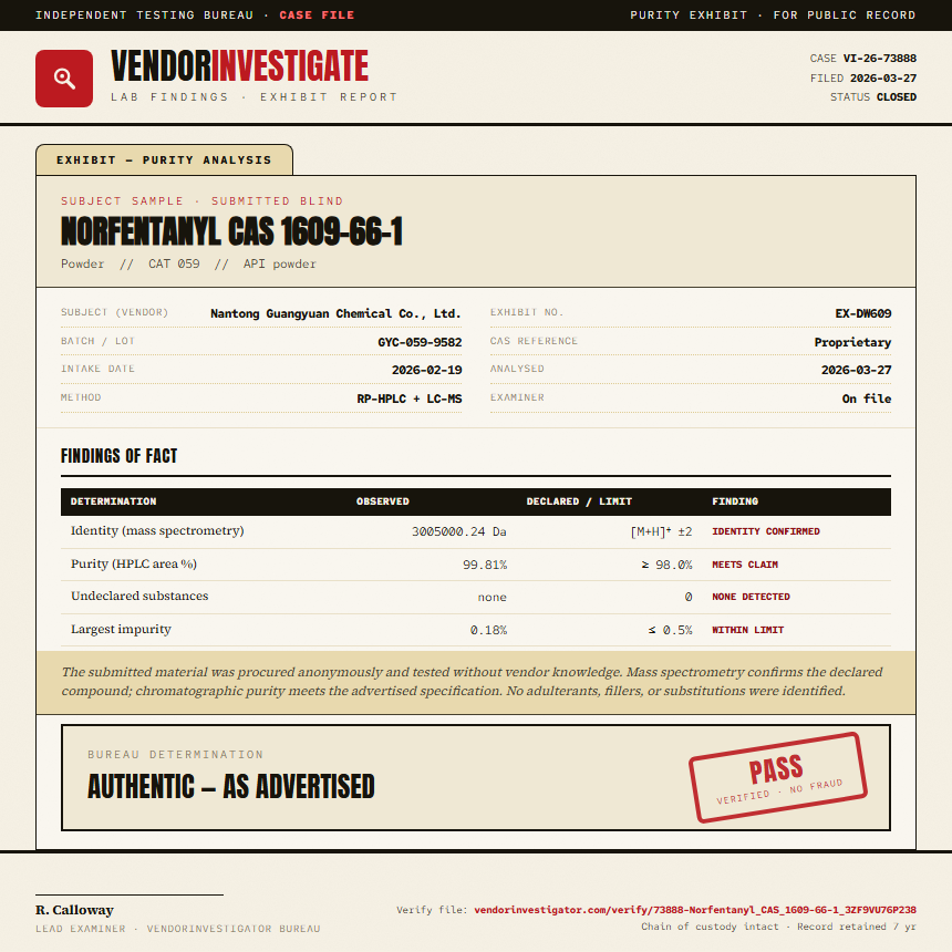 Norfentanyl CAS 1609-66-1 Purity (HPLC) report by VendorInvestigator