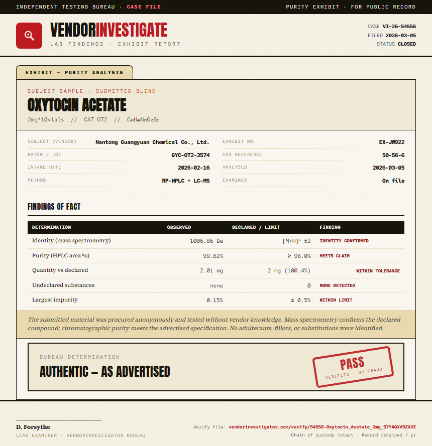 Oxytocin Acetate Purity (HPLC) report by VendorInvestigator