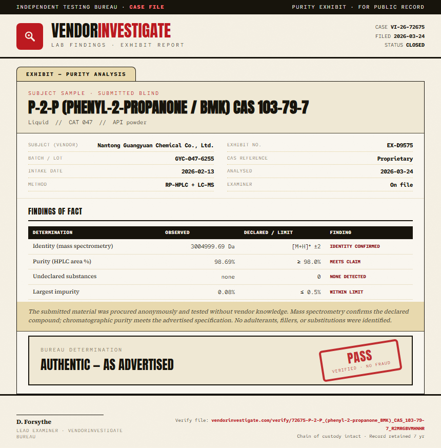 P-2-P (phenyl-2-propanone / BMK) CAS 103-79-7 Purity (HPLC) report by VendorInvestigator