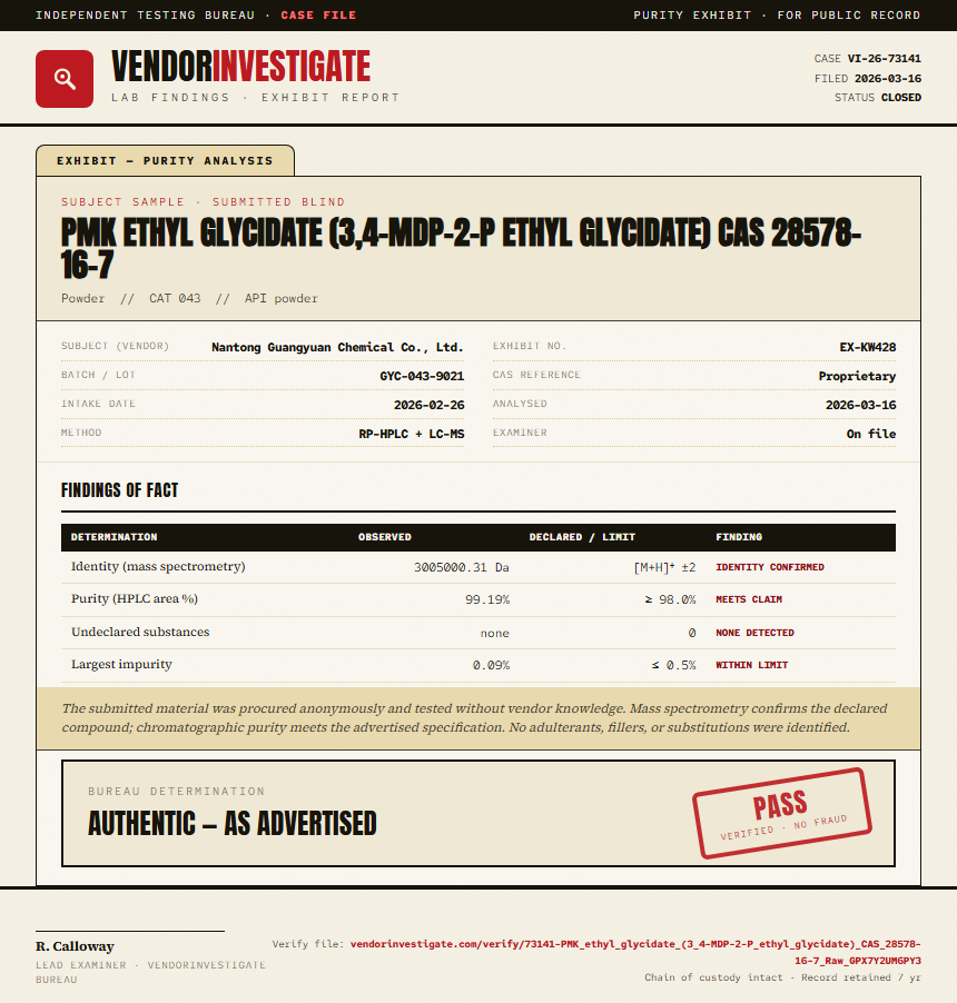 PMK ethyl glycidate (3,4-MDP-2-P ethyl glycidate) CAS 28578-16-7 Purity (HPLC) report by VendorInvestigator