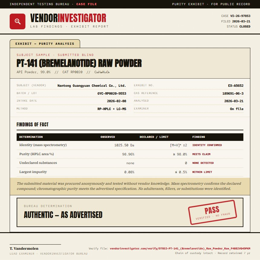 PT-141 (Bremelanotide) Raw Powder Purity (HPLC) report by VendorInvestigator