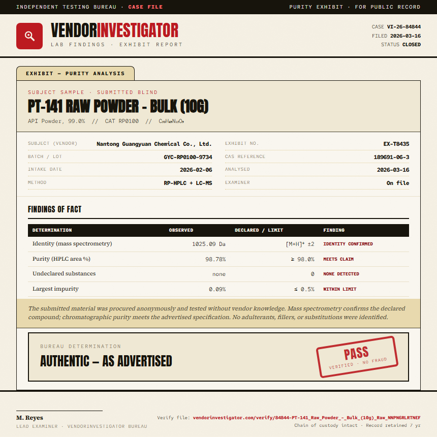 PT-141 Raw Powder - Bulk (10g) Purity (HPLC) report by VendorInvestigator