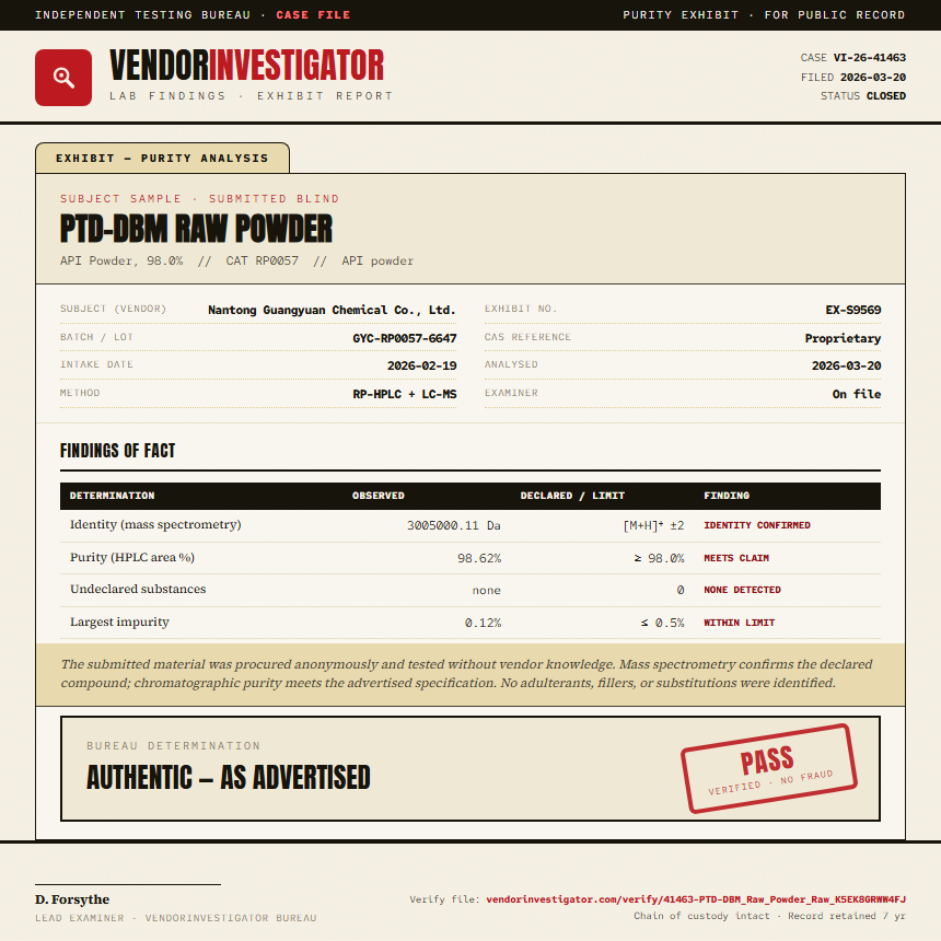 PTD-DBM Raw Powder Purity (HPLC) report by VendorInvestigator
