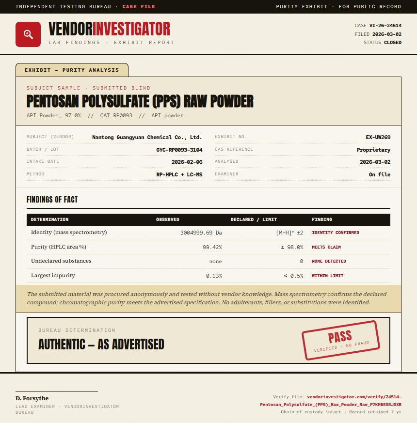 Pentosan Polysulfate (PPS) Raw Powder Purity (HPLC) report by VendorInvestigator