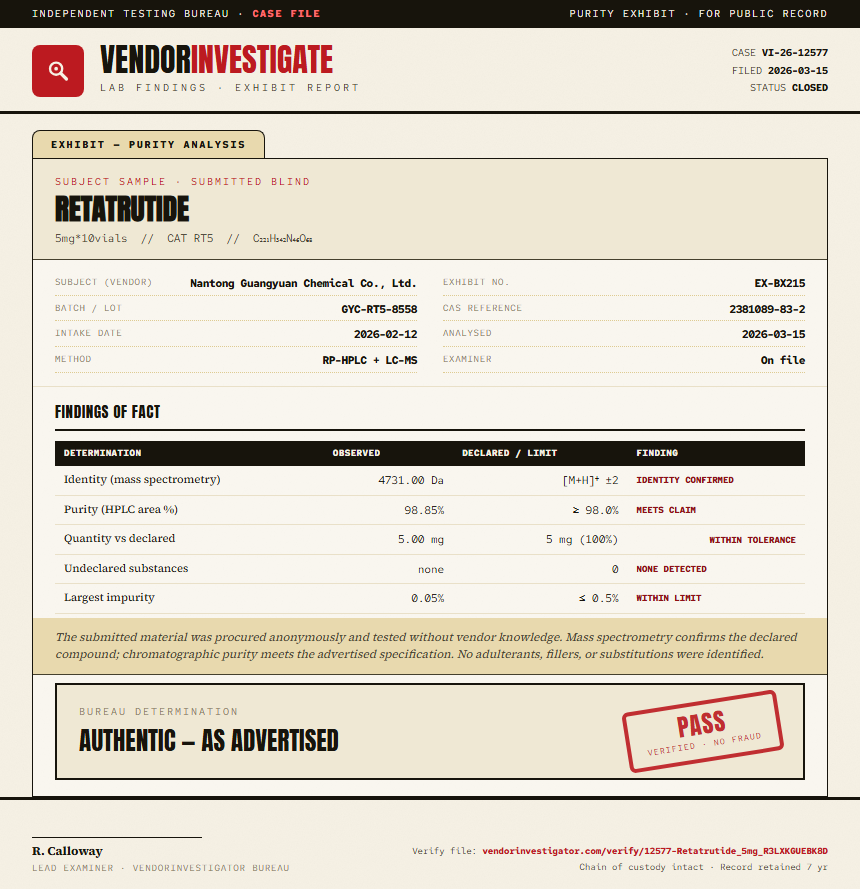 Retatrutide Purity (HPLC) report by VendorInvestigator