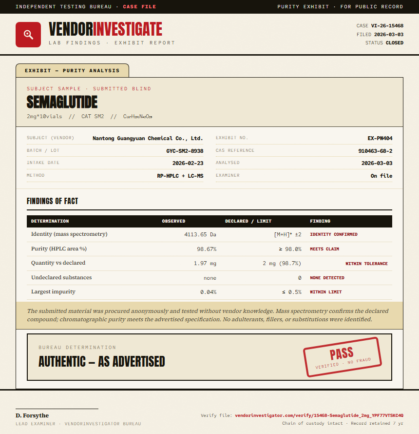 Semaglutide Purity (HPLC) report by VendorInvestigator