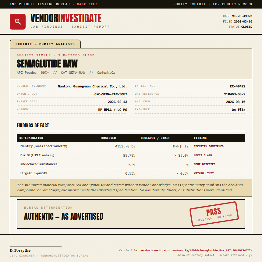 Semaglutide Raw Purity (HPLC) report by VendorInvestigator