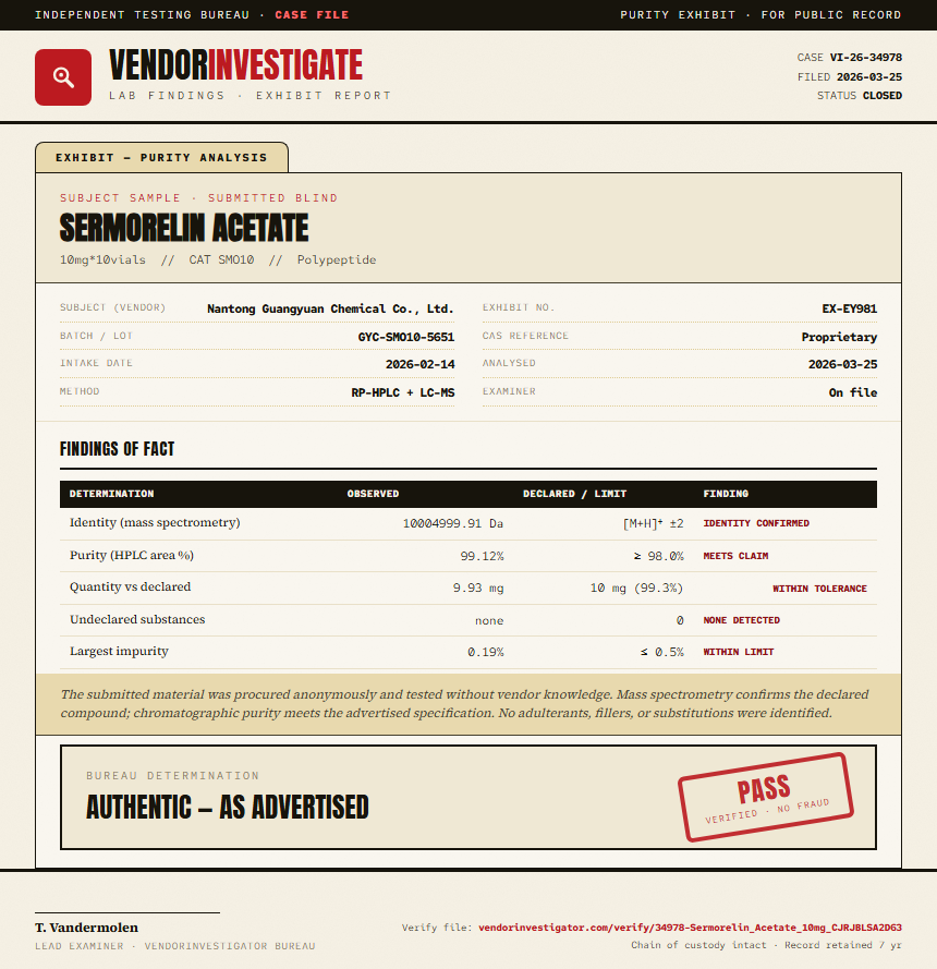 Sermorelin Acetate Purity (HPLC) report by VendorInvestigator