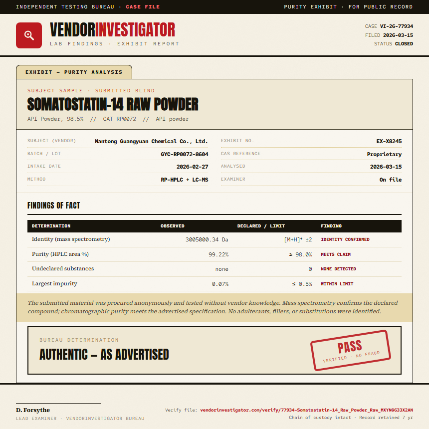Somatostatin-14 Raw Powder Purity (HPLC) report by VendorInvestigator