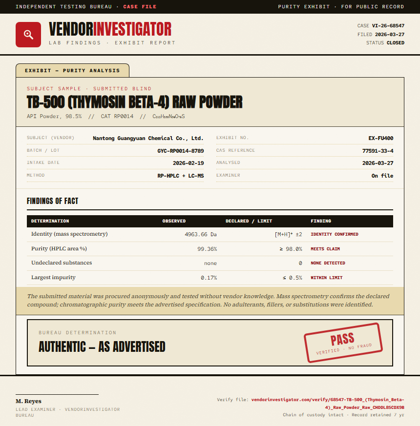TB-500 (Thymosin Beta-4) Raw Powder Purity (HPLC) report by VendorInvestigator