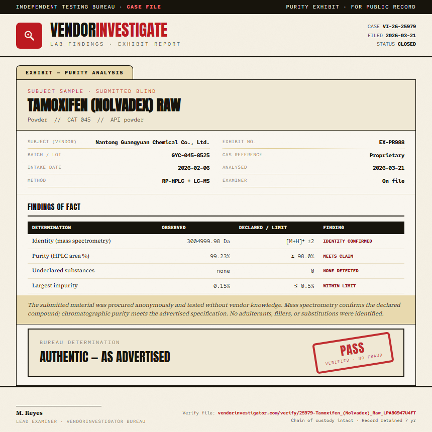 Tamoxifen (Nolvadex) Raw Purity (HPLC) report by VendorInvestigator