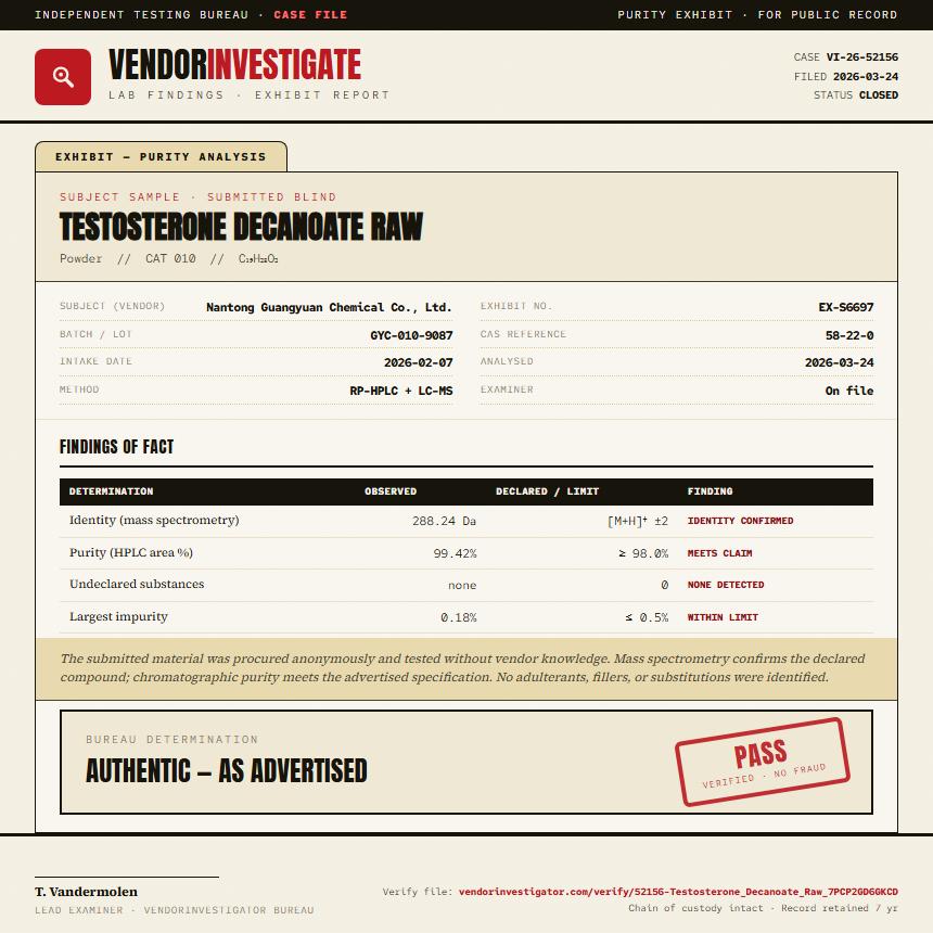 Testosterone Decanoate Raw Purity (HPLC) report by VendorInvestigator