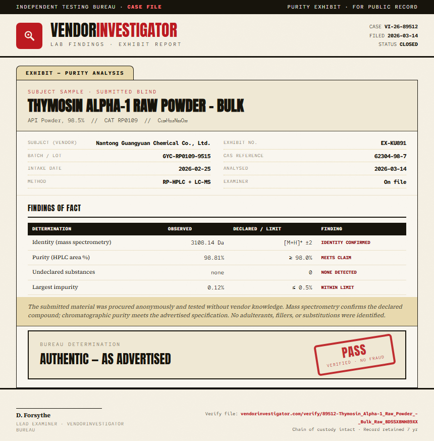 Thymosin Alpha-1 Raw Powder - Bulk Purity (HPLC) report by VendorInvestigator