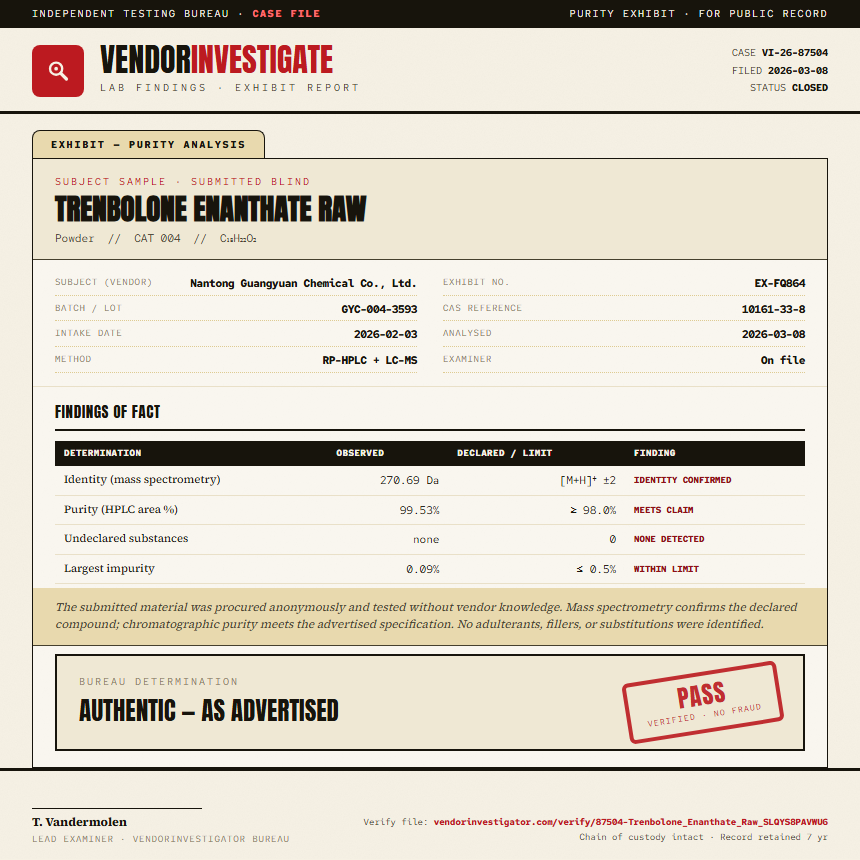 Trenbolone Enanthate Raw Purity (HPLC) report by VendorInvestigator
