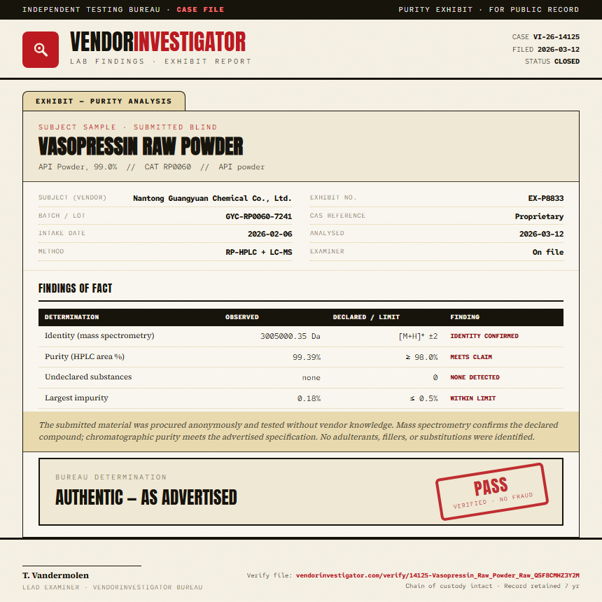 Vasopressin Raw Powder Purity (HPLC) report by VendorInvestigator