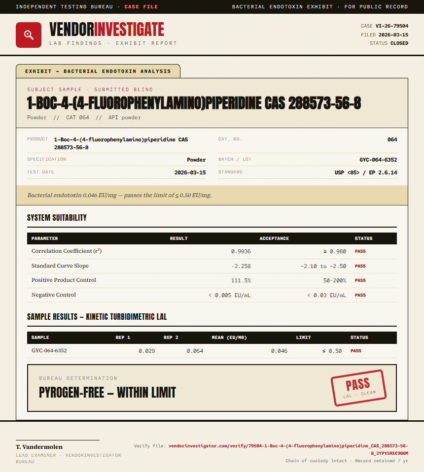 1-Boc-4-(4-fluorophenylamino)piperidine CAS 288573-56-8 Endotoxin report by VendorInvestigator