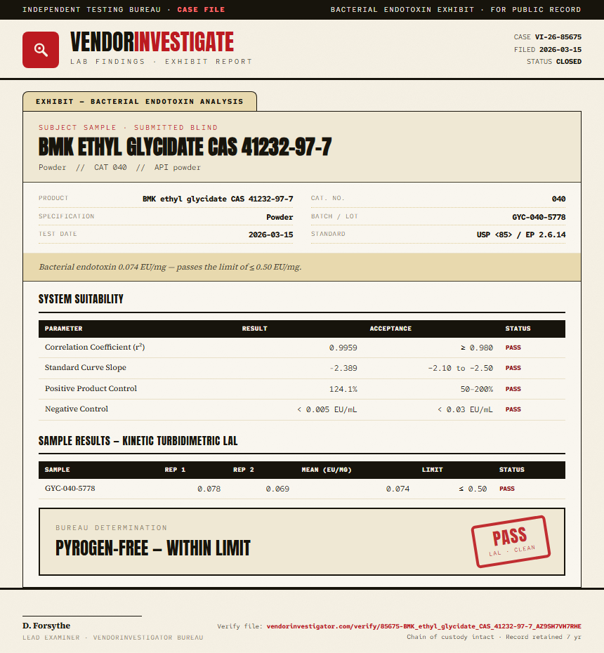 BMK ethyl glycidate CAS 41232-97-7 Endotoxin report by VendorInvestigator