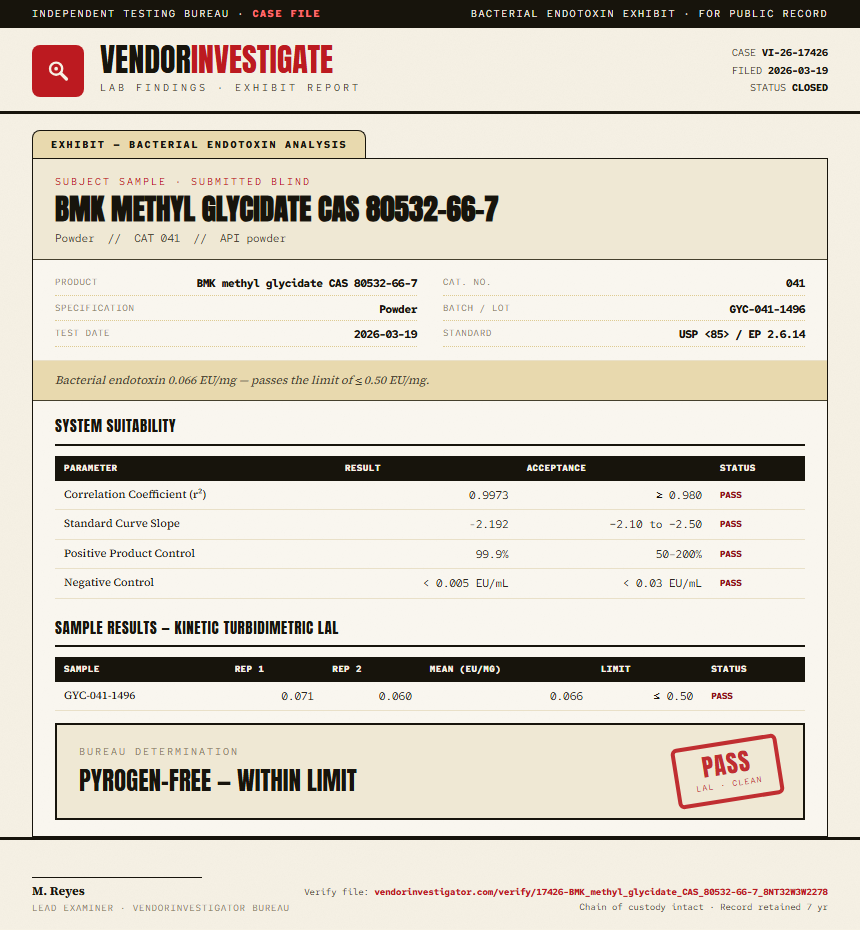 BMK methyl glycidate CAS 80532-66-7 Endotoxin report by VendorInvestigator