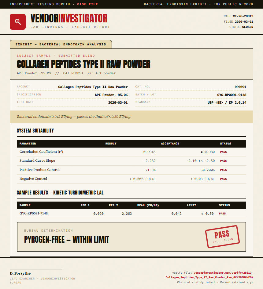 Collagen Peptides Type II Raw Powder Endotoxin report by VendorInvestigator