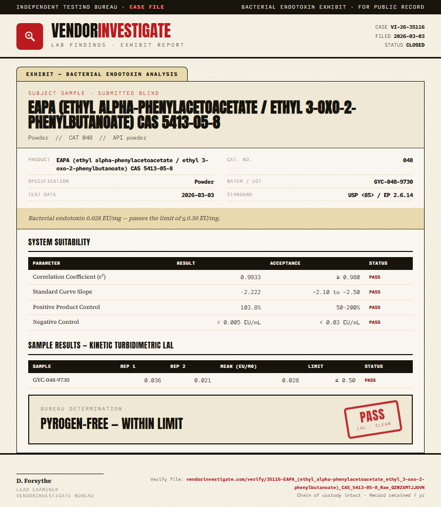 EAPA (ethyl alpha-phenylacetoacetate / ethyl 3-oxo-2-phenylbutanoate) CAS 5413-05-8 Endotoxin report by VendorInvestigator