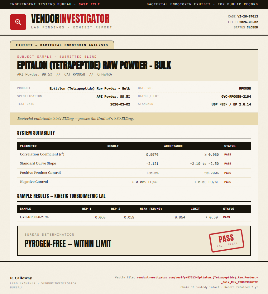 Epitalon (Tetrapeptide) Raw Powder - Bulk Endotoxin report by VendorInvestigator