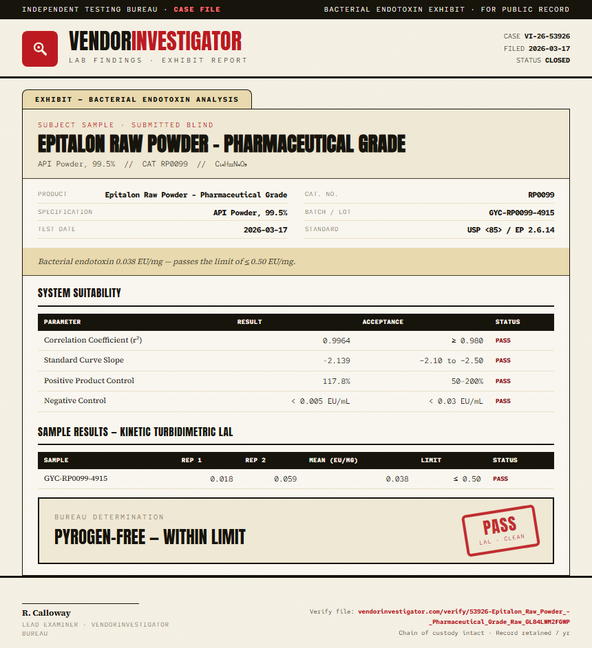 Epitalon Raw Powder - Pharmaceutical Grade Endotoxin report by VendorInvestigator