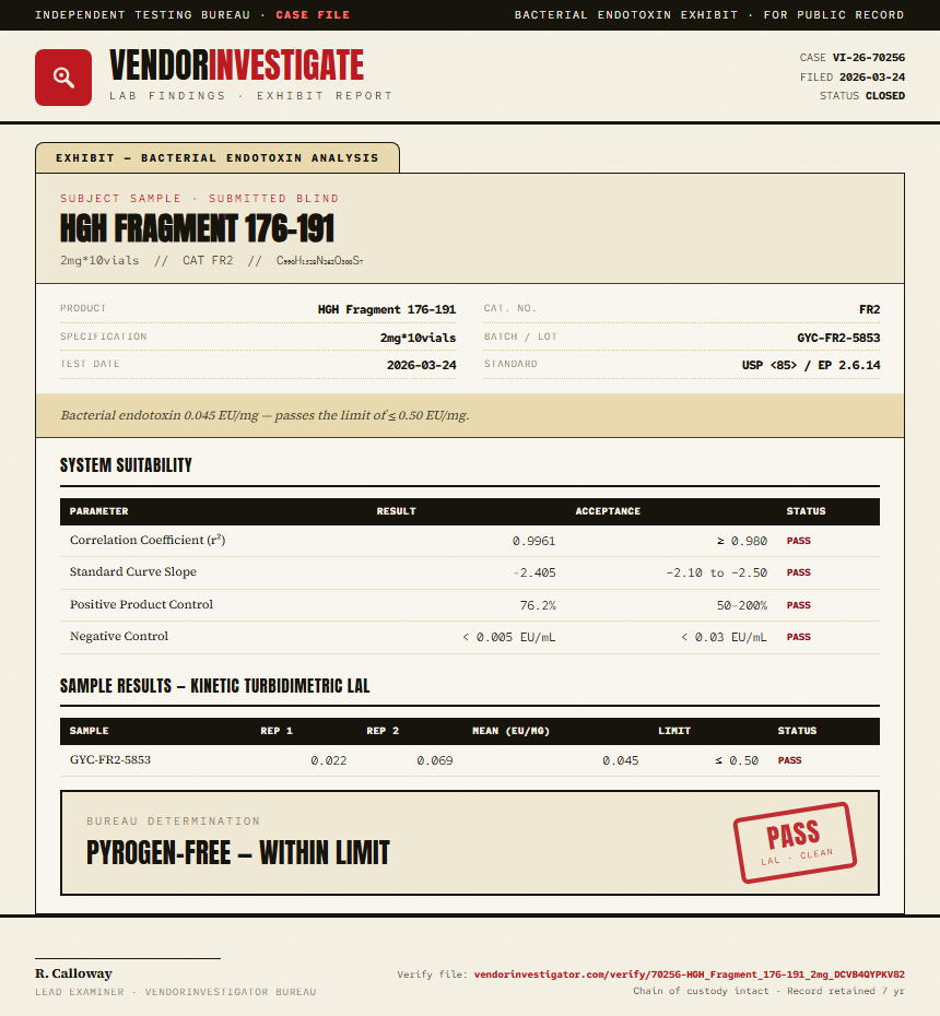 HGH Fragment 176-191 Endotoxin report by VendorInvestigator