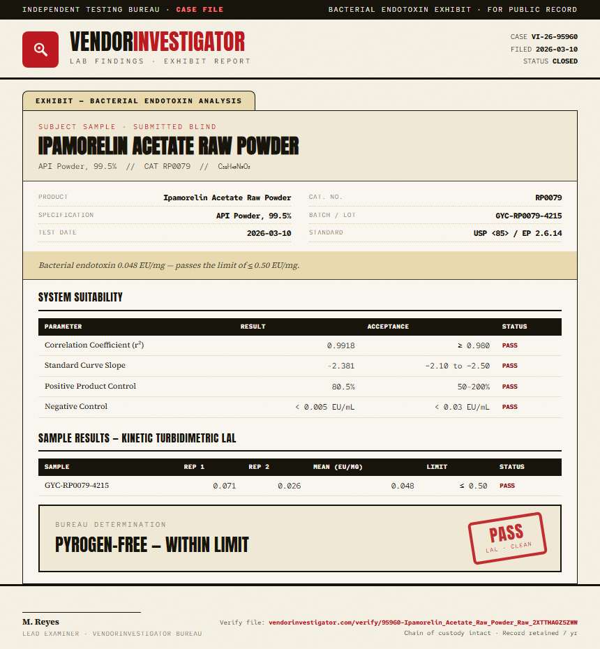 Ipamorelin Acetate Raw Powder Endotoxin report by VendorInvestigator