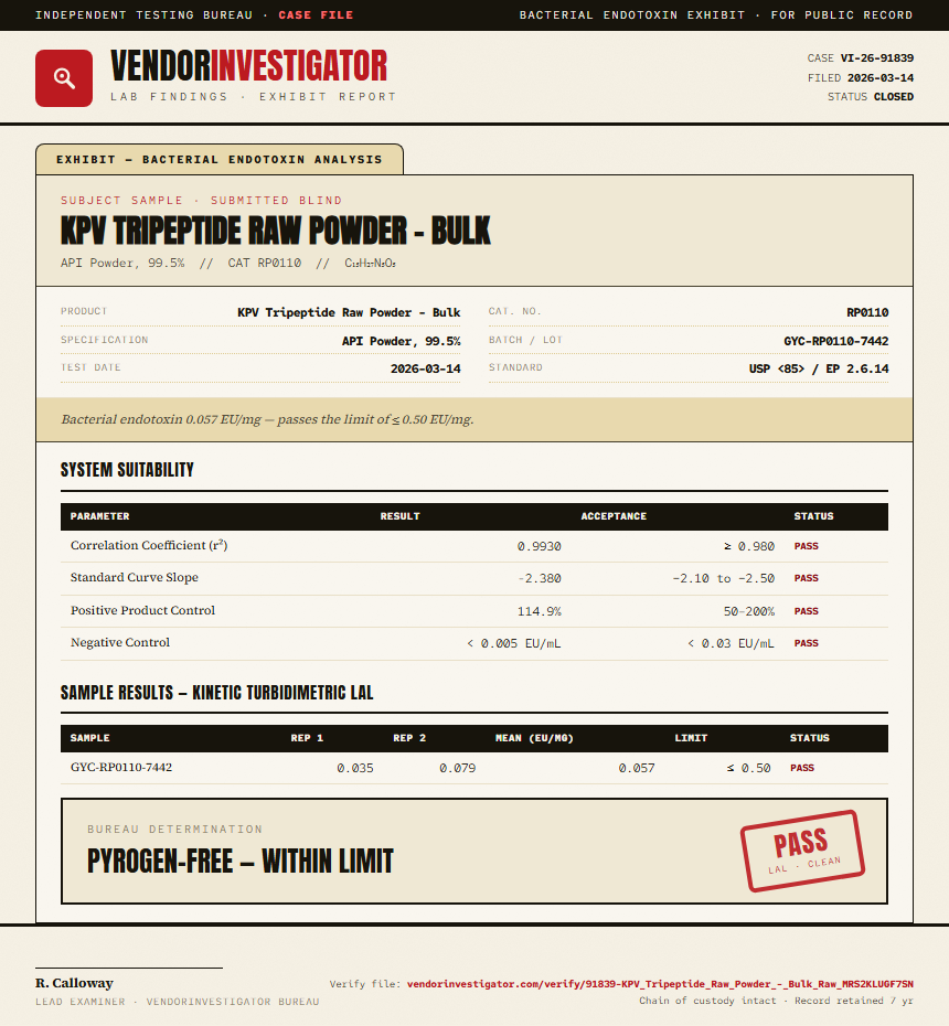 KPV Tripeptide Raw Powder - Bulk Endotoxin report by VendorInvestigator