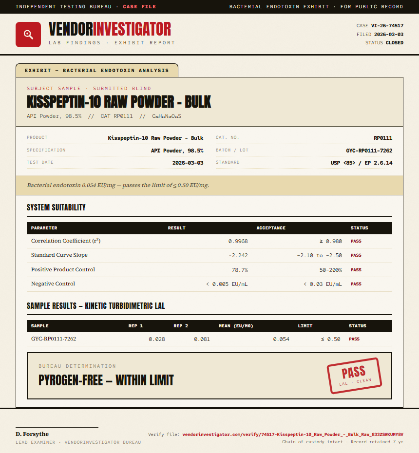 Kisspeptin-10 Raw Powder - Bulk Endotoxin report by VendorInvestigator